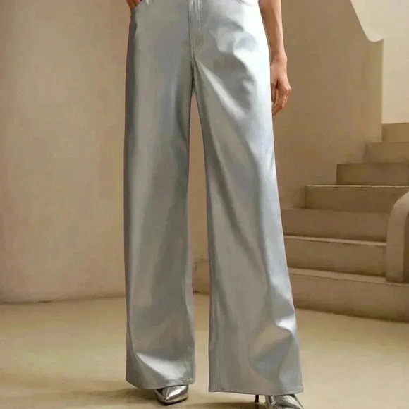 Silver Elegant Women's Faux Leather Urban Metallic Straight Leg Wide Leg Pants - Picture 4 of 5